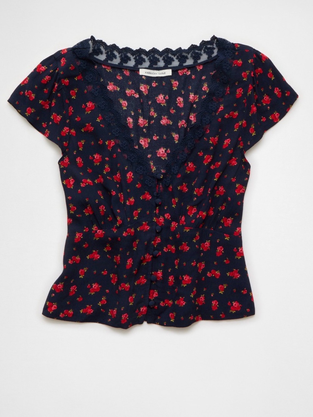 American Eagle Outfitters Navy Floral Lace-Trim Button Front Top